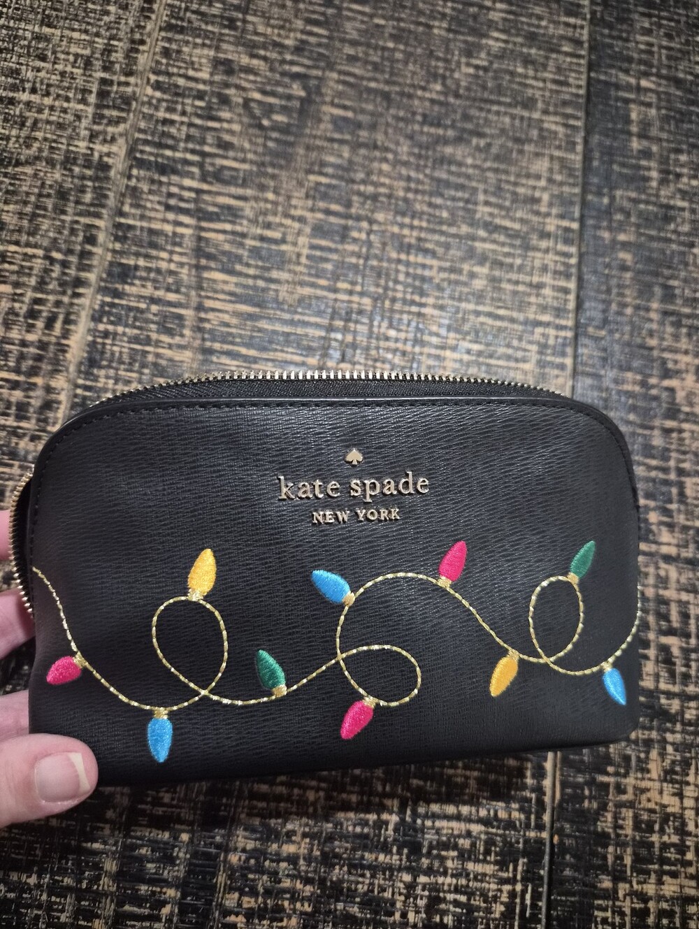 kate spade Black Cosmetic Pouch with Multicolor Embroidered Lights